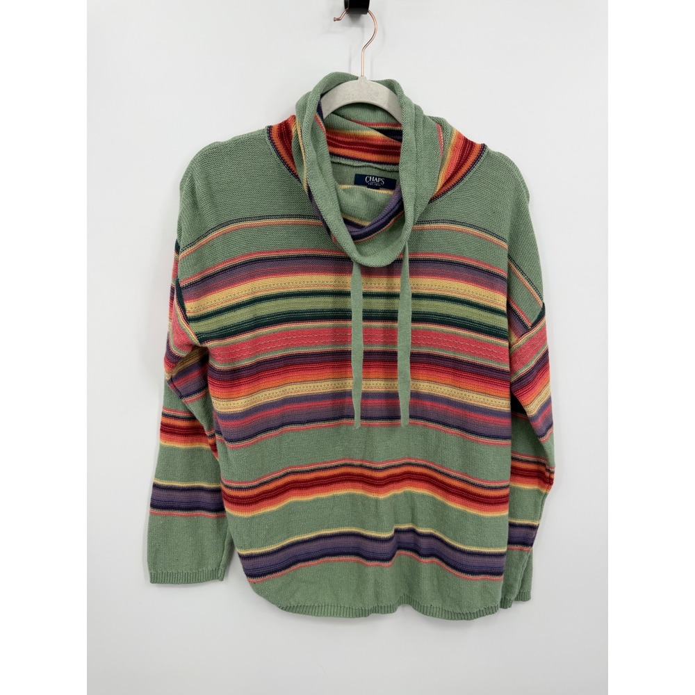 Chaps Cowl Neck Knit Sweater Womens Medium Green Multi Stripe Cotton Linen Blend